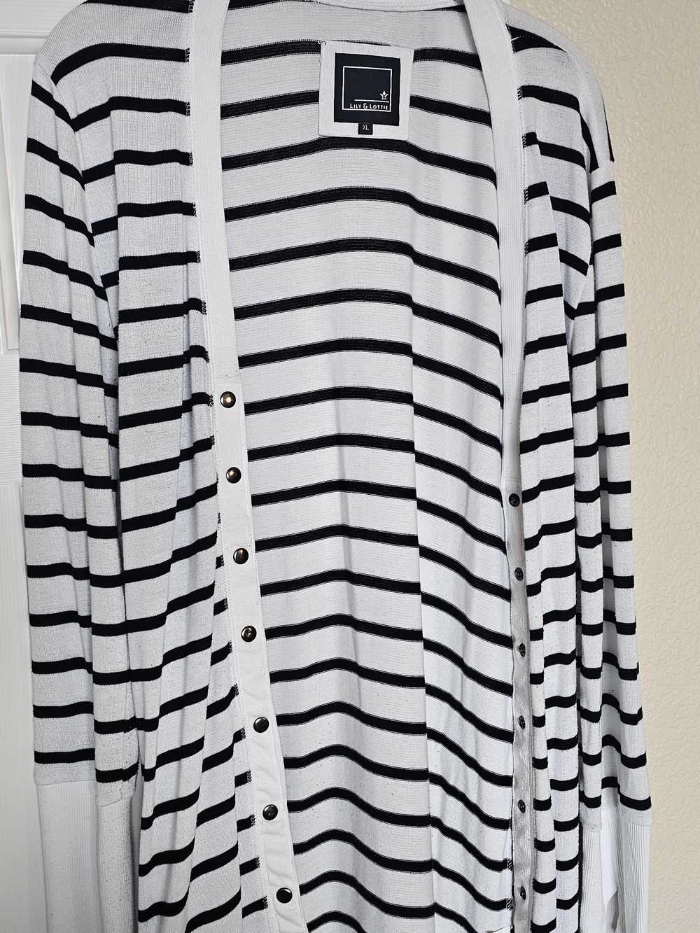 Lily & Lottie Black and White Striped Open-Front Cardigan with Buttons